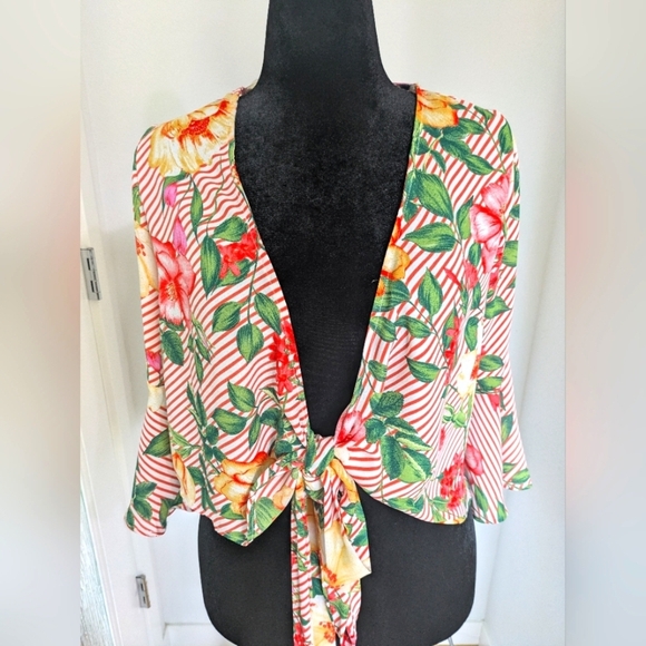 Haute Monde Women's Short Floral Boho Kimono Bolero Cover Up Sz L Bell Sleeve - Picture 1 of 8